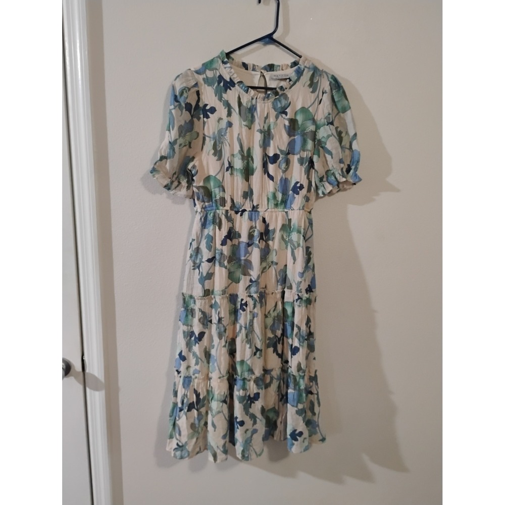 Hayden Los Angeles Floral Tiered Midi Dress Blue Green Puff Sleeve Large HY6773